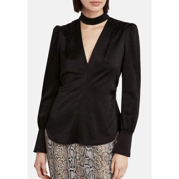 NWT A.L.C. Hirsch Keyhole Pleated V-Neck Crepe Blouse Top Black Women's Size 0 - Picture 2 of 7